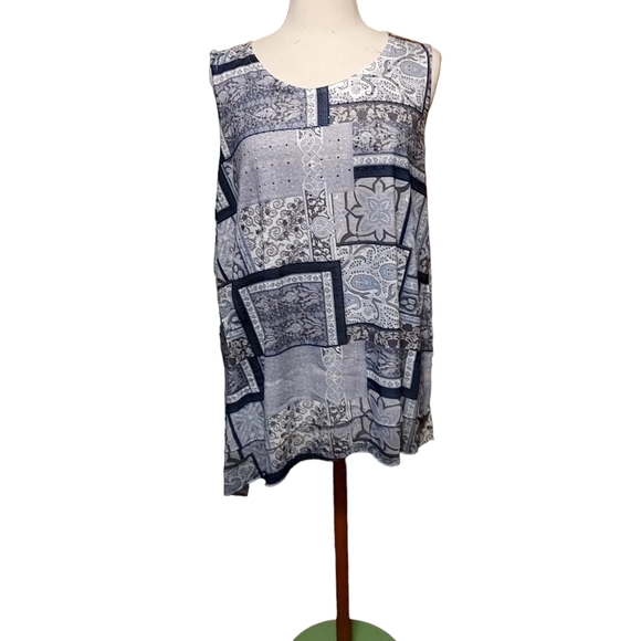 Cato 2xl Top Blouse Blue Rhinestone Sparkly Floral Patchwork Sleeveless Tank.... - Picture 1 of 6